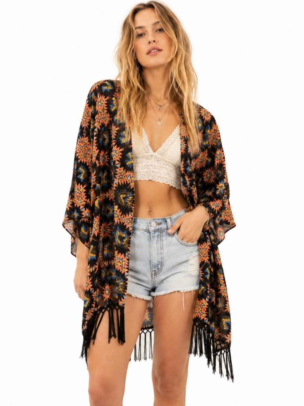 LuLaRoe Monroe Kimono‎ Womens L Aztec Southwestern Fringe Western Boho Shawl